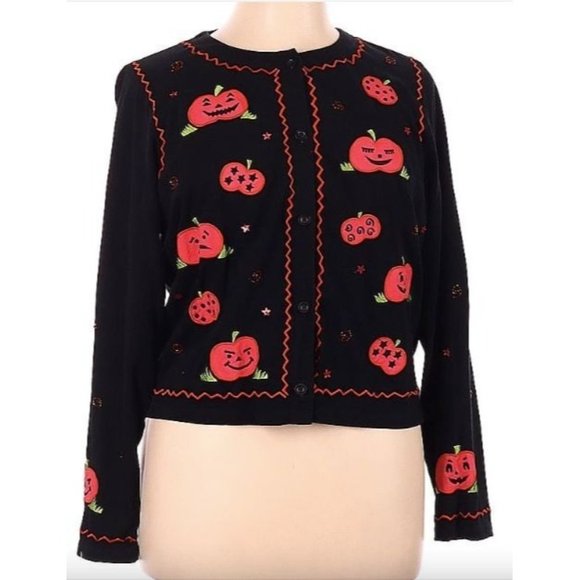 Michael Simon Sweaters - Vintage Michael Simon Lite Pumpkin Halloween Cardigan Size XL Runs Small Black